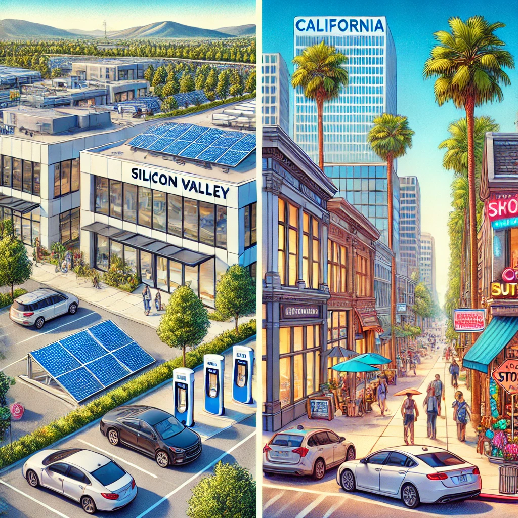 A vibrant scene showcasing California businesses. On the left, a sleek Silicon Valley tech office building with large glass windows, solar panels, and electric vehicle charging stations highlights the state's commitment to sustainability. On the right, a bustling street in downtown Los Angeles features small local boutiques with colorful storefronts, palm trees lining the sidewalk, and pedestrians walking by. In the background, a clear, sunny sky and distant mountains complete the scene, symbolizing California’s blend of innovation and community-driven business culture.